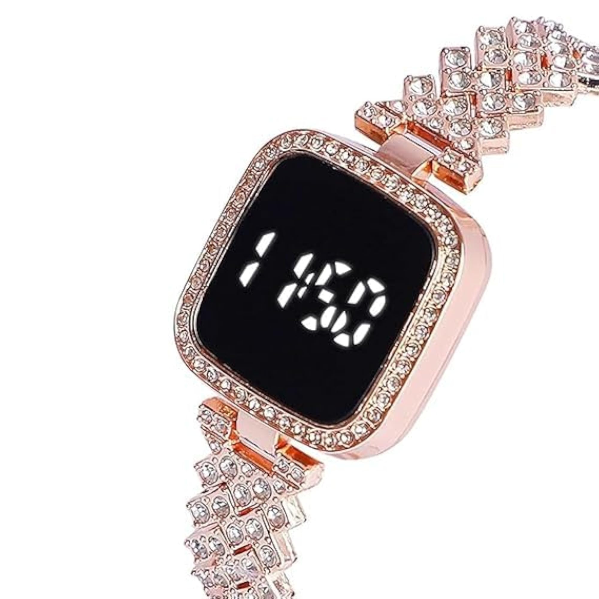 Rose Gold LED Digital Watch with Rhinestone Bracelet, Stylish Gift